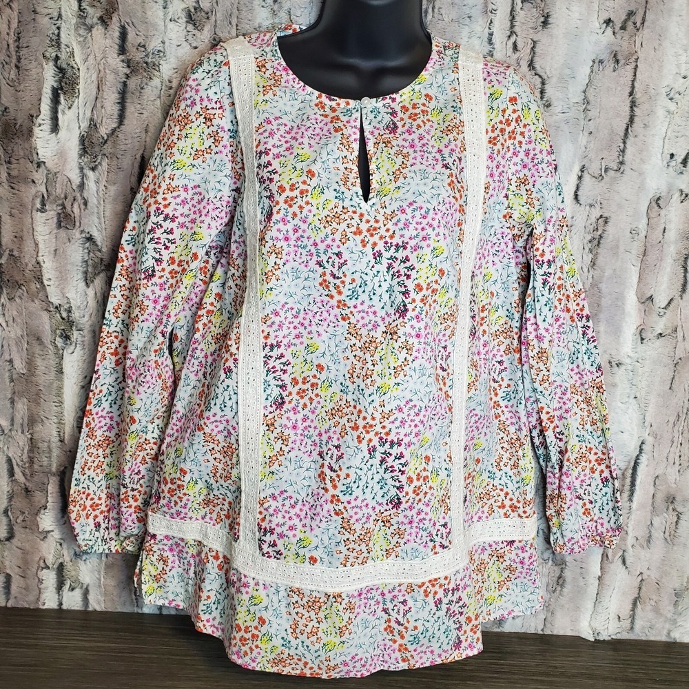 Land's End Floral Bohemian Shirt Lace Trim Keyhole Neck Tunic Hippy Boho Size Sm